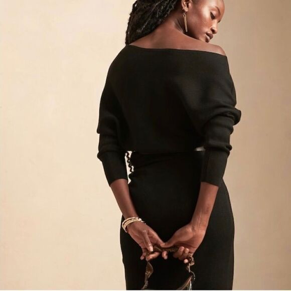 BLACK BANANA REPUBLIC COLLETTA OFF-SHOULDER SWEATER DRESS SZ L - Picture 2 of 5